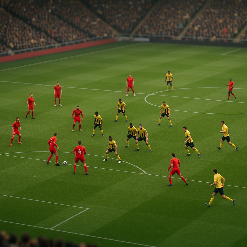 Tactical overhead showing red versus yellow formations, Liverpool vs Brentford Premier League draw.